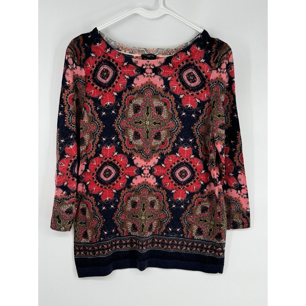 Talbots Sweater Size X Blue Pink Merino Wool Knit Pullover Light Artsy‎ Travel